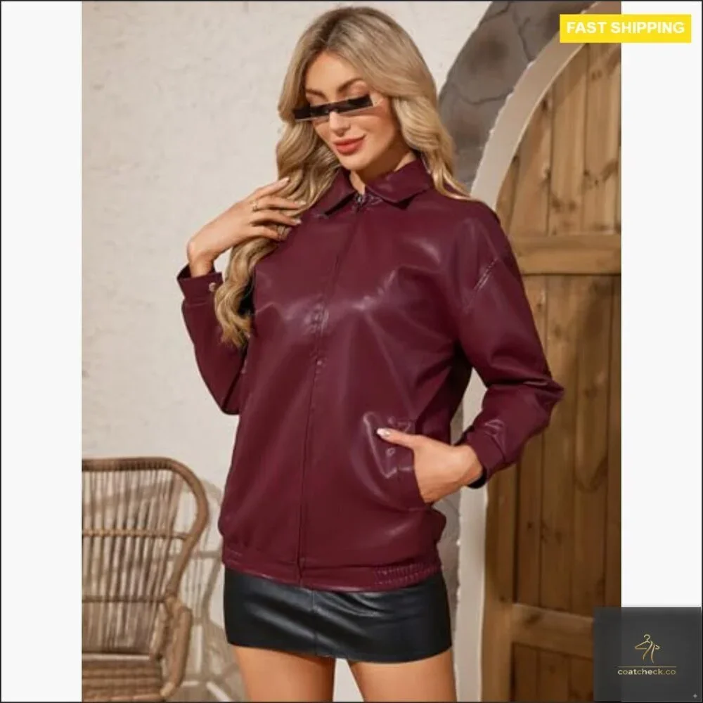 Oversized Faux Leather Bomber Jacket Motorcycle Style with Pockets